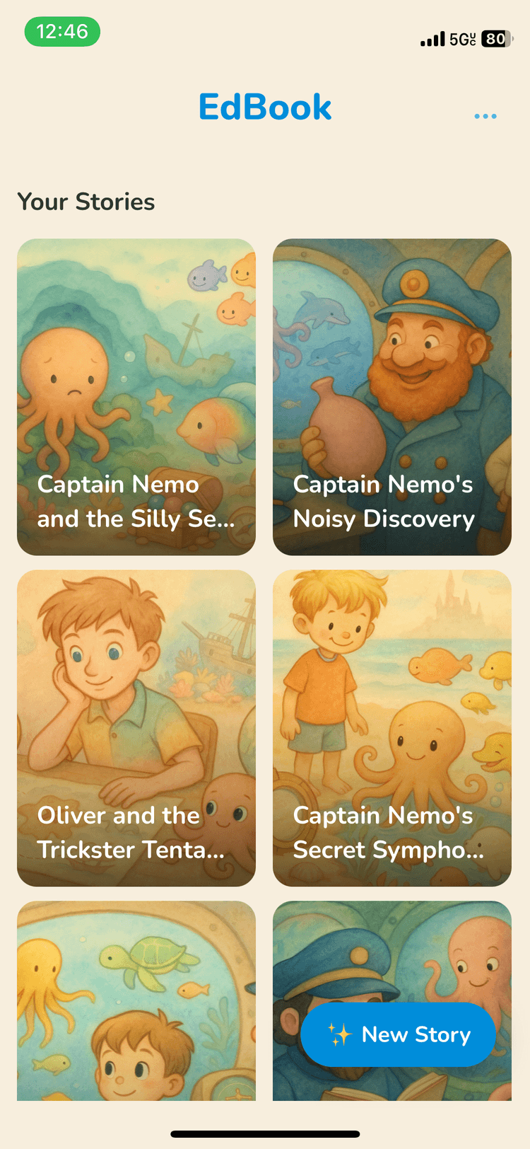 EdBook app screenshot showing story library with illustrated book covers