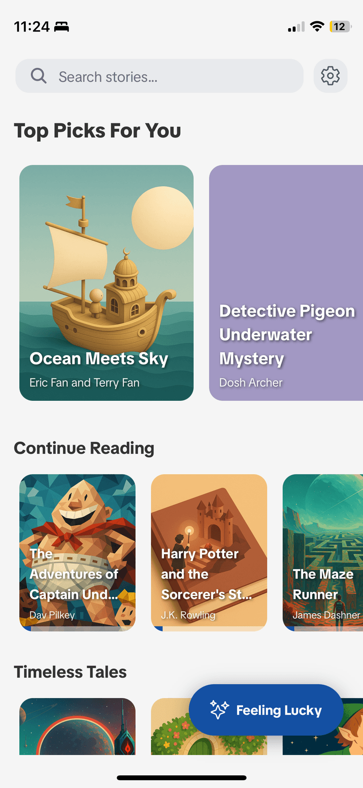 StreamBook app screenshot showing story library with illustrated book covers